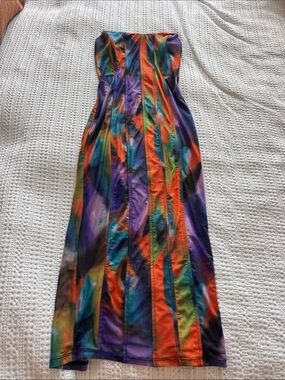 Fashion Nova Strapless Rainbow Multi Color Panel Midi Sleek Dress
